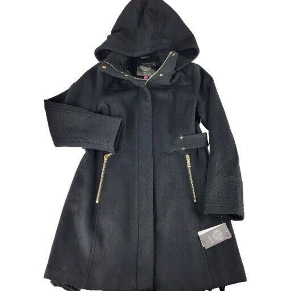 Vince Camuto Black Hooded Wool-Blend Coat with Gold Zippers